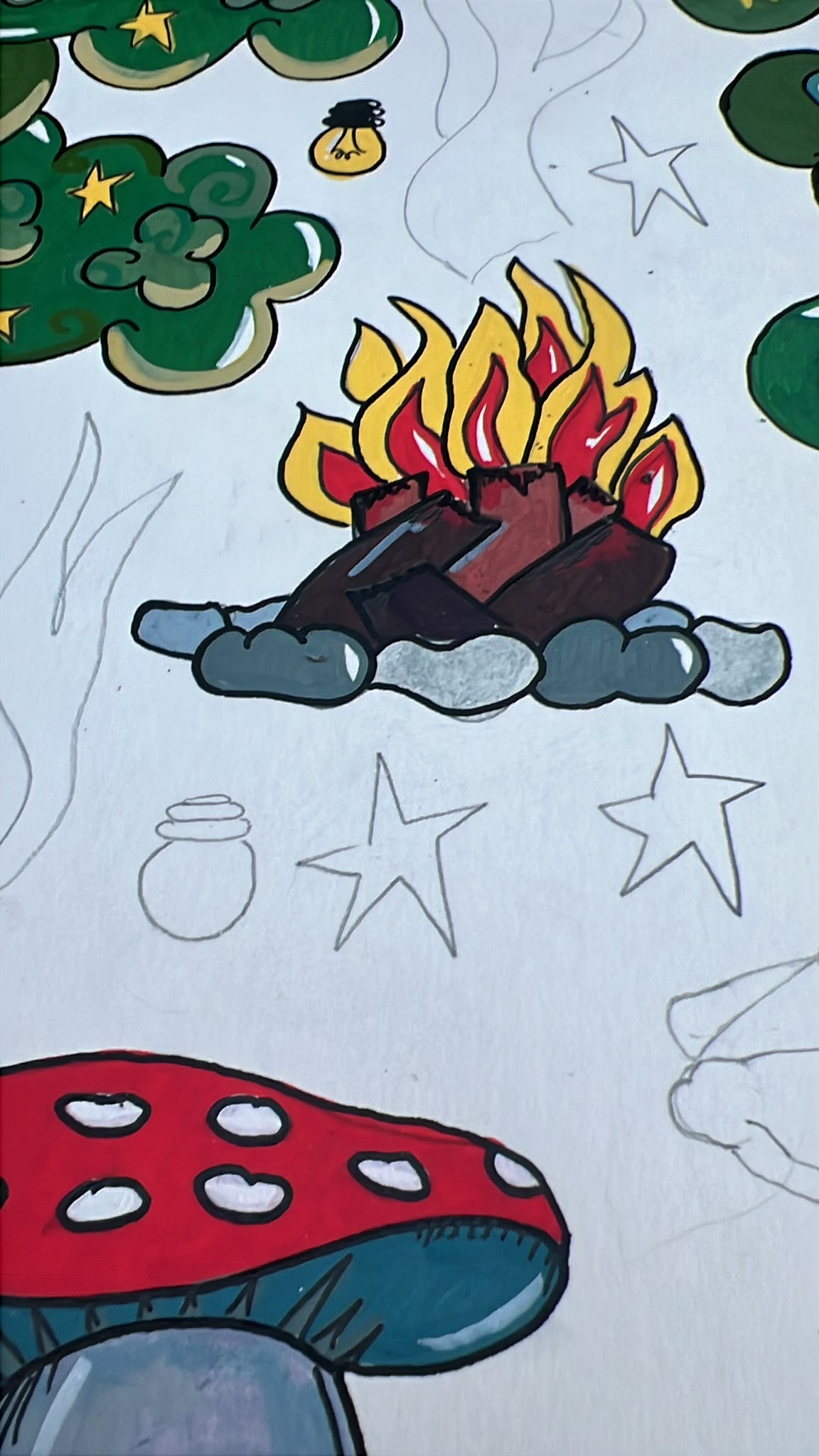 Lagerfeuer und Fliegenpilz